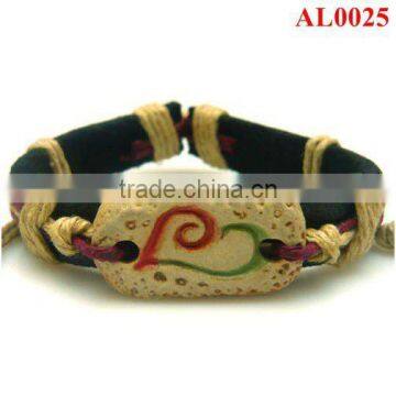 Retro Tribe bracelet with natural ox bones carved a red&green heart pattern in beige cords AL0025