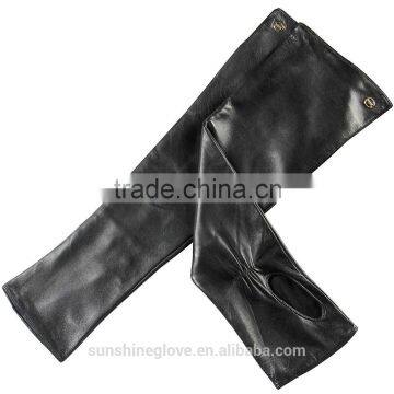 lady black long half finger leather gloves