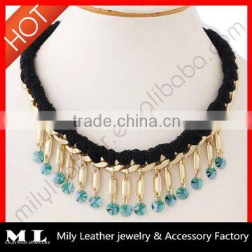 MLAE020-5 Winter fashion handmade braided nylon and alloy with crystal charms black-blue color Statement Necklace