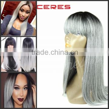 Silk Straight Ombre Silver Grey Synthetic Lace Front Wig Glueless Two Tone Natural Black/Grey Heat Resistant Hair Wigs For Women