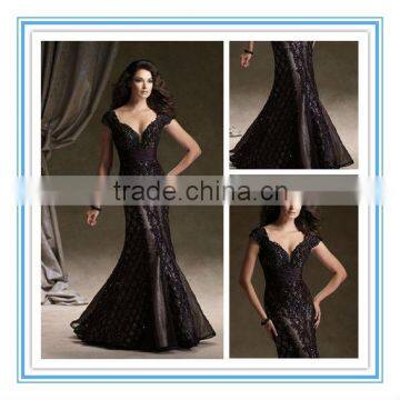 Lace & Taffeta Mermaid Gown with Hand-Beading Cap Sleeves Deep V-Neckline Sexy Mother of the Bride Dress(MOMO-3021)