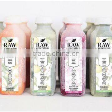 16oz and 10oz and 8oz french square glass cold press raw juice with plastic cap with label