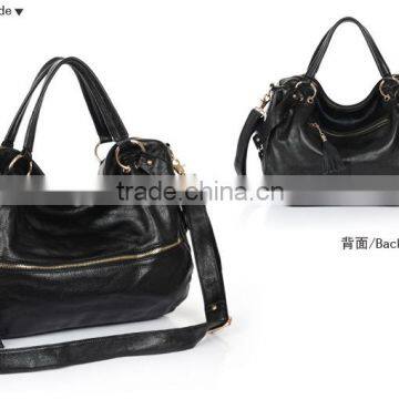 Black Customised Genuine Leather Handbag Travel Kit Bag Women Tote Bag photo-2