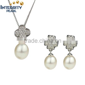 tear drop shape lucky clover design natural real fashion pearl necklaces set for women