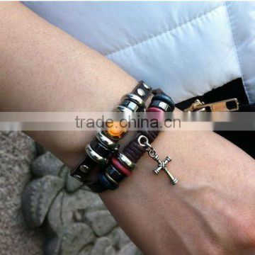 punk style genuine leather bracelets for students with cross drop