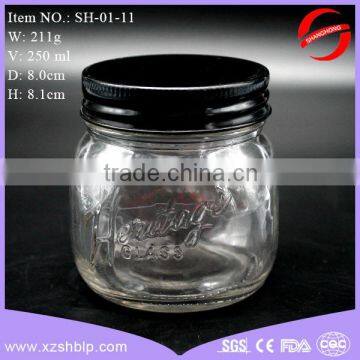 Hot sale 250ml embossed patterns glass jam jar with black screw cap