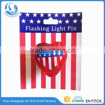 USA independence day heart shaped flashing LED flag pin brooch