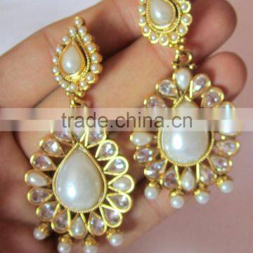 Polki Gold Tone Pearl Bollywood Necklace EARRING Set Bridal photo-3