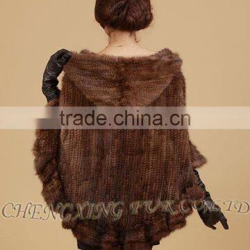 CX-B-M-06 Latest Womens Genuine Real Knitted Mink Fur Shawl Hoodied photo-4