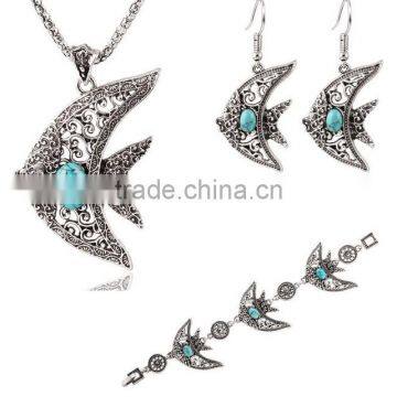 Silver Plated Lovely Fish Family Jewelry Sets Necklace Bracelet Earrings Turquoise Jewelry Sets For Girls