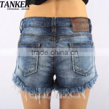 S1568 Sexy Hot Girls Dark Wash Flared Ripped Denim Mini Shorts With Bottom Hem Fringes Pants photo-2