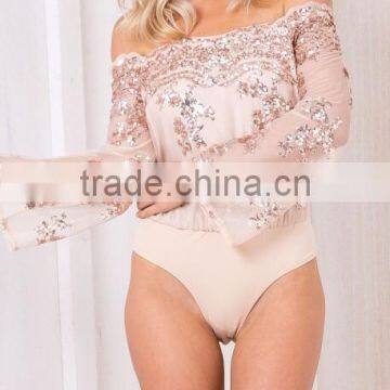 Runwaylover 116 New Design 2017 Ladies Sexy Off-Shoulder Sequins Embroidery Bodysuits photo-2