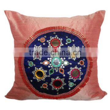 Peach Decorative Pillow With Applique & Mirror Embroidery, Accent Pillows, Couch Sofa Toss