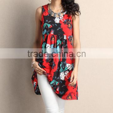 Newest Women Dresses With Red Floral Empire-Waist Sleeveless Tunic Dress Women Flower Dress Women Clothes GD90426-36