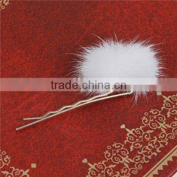 New Fashion White Pom Ball Gold Plated Sable Fur Hair Clips photo-2