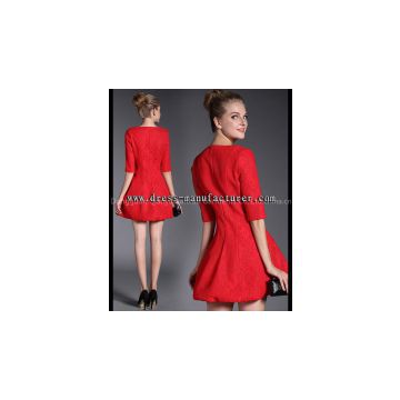 New fashion double mesh cute medium sleeve red dress