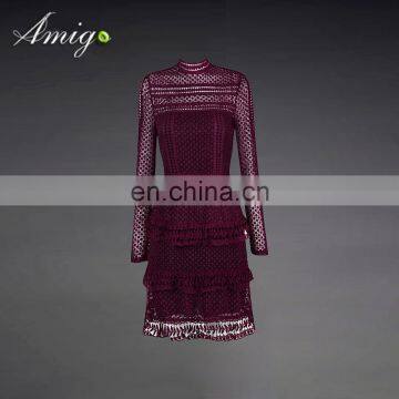 red mesh long sleeve sexy dress with hollow out dress