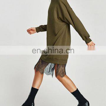 Custom Brand Fashion Women Clothing O Neck Lace Hem Hoodies Oversized Sweatshirt Dress