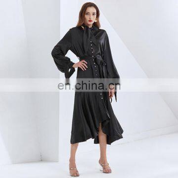 TWOTWINSTYLE Dress For Women Lace Up Lantern Sleeve High Waist With Belt Ruffle Vintage Patchwork photo-3