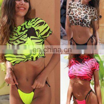 Women Brazilian 3pcs-set Sexy Print Micro Bottom String Beach Bikini Lady Half Sleeve Swimwear Mujer High Waist Padded Swimsuit photo-2