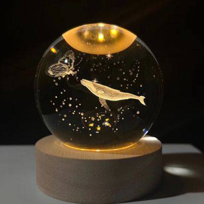 Crystal Ball Night Light Solid Wood Base Luminous 3D Inside carving Crystal Led Light Small Ornament