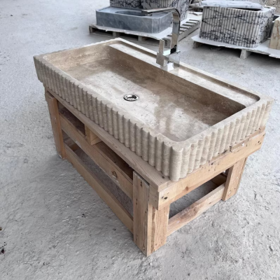 Luxury Unique Natural Yellow Rectangular Shape Travertine Stone Bathroom Marble Vessel Sink Vanity Wash Basin Garden Decor
