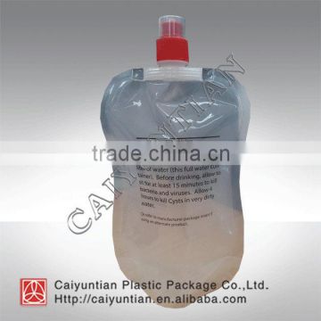 Plastic bottle shaped drinking water bag, Stand up plastic water bag with spout, drinking water in plastic bag