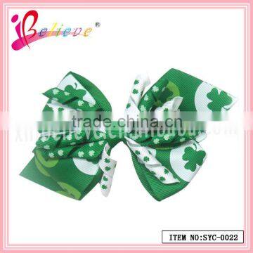 Cheap wholesale hair accessories grosgrain white/green leaf ribbon bow hairpins (SYC-0022)