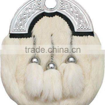 Scottish Full Dress White Rabbit Sporran With Celtic Design Cantle Made Of Leather Material