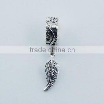 Sterling Silver Charm Beads Fine Fern Leaf On Cylinder Bead