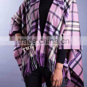 Ladies 100% Cashmere Checked Poncho Multi-colored