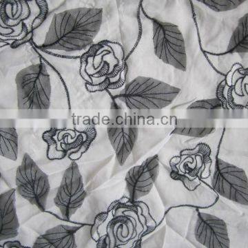 Iron Grey Solid Color Full Bloom Rose Floral Plain Embroidery Fabric 2 leafs Simple Design Embroidery For Casual BLouse