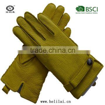 Classical and plain yellow Immitation deer leather women gloves with belt button