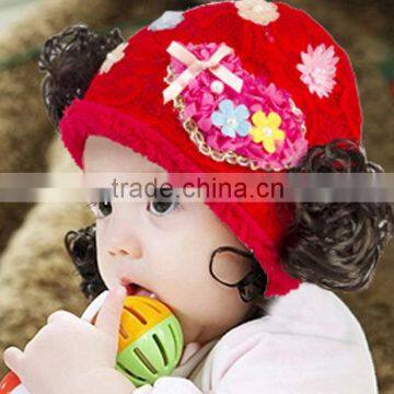 MZ3078 Winter Flower Hat With Hair Infant Cap Children Baby knitted Cotton Caps