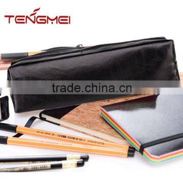 Large capacity black leather pencil case