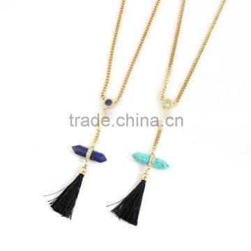 Y Type Natural Bullet Shape Stone Long Black Tassel Necklace Choker Jewelries For Ladies