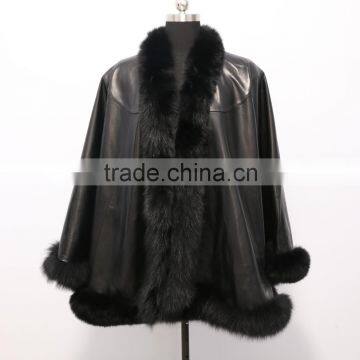 2016 new design women real black leather poncho with fox fur trim poncho