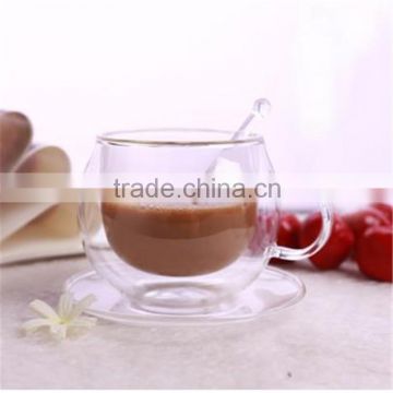 Hand made Heat resistant Borosilicate Glass double wall glass coffee cup and saucer Sets