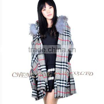 CX-B-P-39 Cheap Genuine Raccoon Fur Trim Pashmina Shawls Wholesale With Hood photo-2