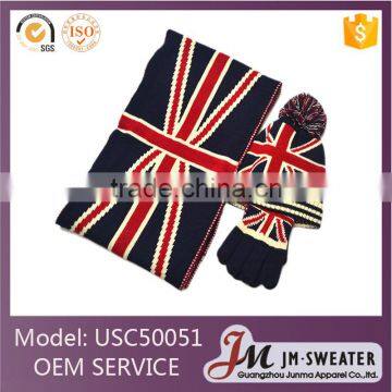 Fashion UK Flag Patten Design Knitted Scarf Hat Glove Sets Wholesale