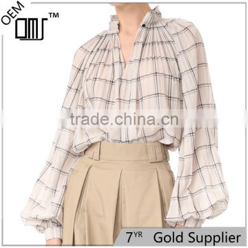 2017 OEM Spring Femme Airy Sand Windowpane Checks Tunic Blouse