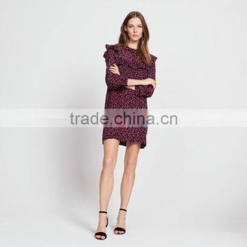 Ruffled at Neck and Cuff, Ladies Round Neck and Long Sleeve Dress photo-2