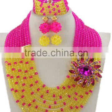 Champagne Fuchsia Pink Crystal Beads Brooches Nigerian Jewelry Set