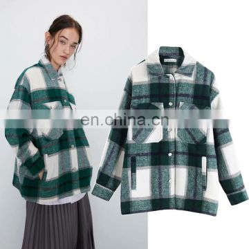 Multi Color High Quality Autumn Women Fashion Jacket Woolen Loose Plaid Shirt Coats