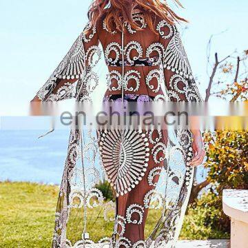 Новый сексуальный прозрачный вырезной вышитый длинный кимоно-кадиган 2019 года. Летние пляжные вещи для женщин: топы и блузки из chiffon-шитца photo-2