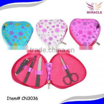 PU heart shaped manicure set with printed nail care tools 4pcs manicure set