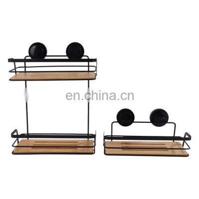 Steel Wooden Shelves Corner Wall Mounted Rack Bathroom Storage Shelf Shower Caddy With Suction Cup photo-2