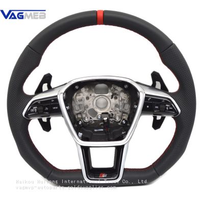 For Audi A6 C8 Punched Leather Red Stitching Multifunction Steering Wheel Assembly