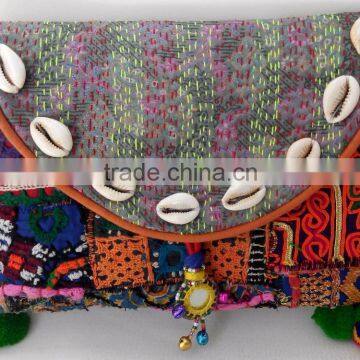 Multicolor banjara bag kantha sling bag shell bags with pompoms and tassels