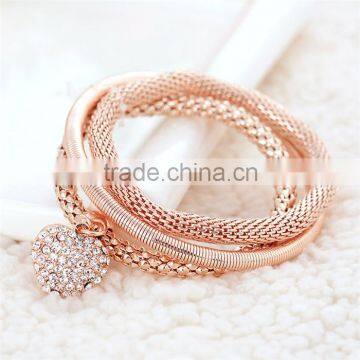 Fashion Gold Rose Gold Plated Rope Zinc Alloy Rhinestone Heart Pendant Charm Bracelet Supplier's Choice photo-2